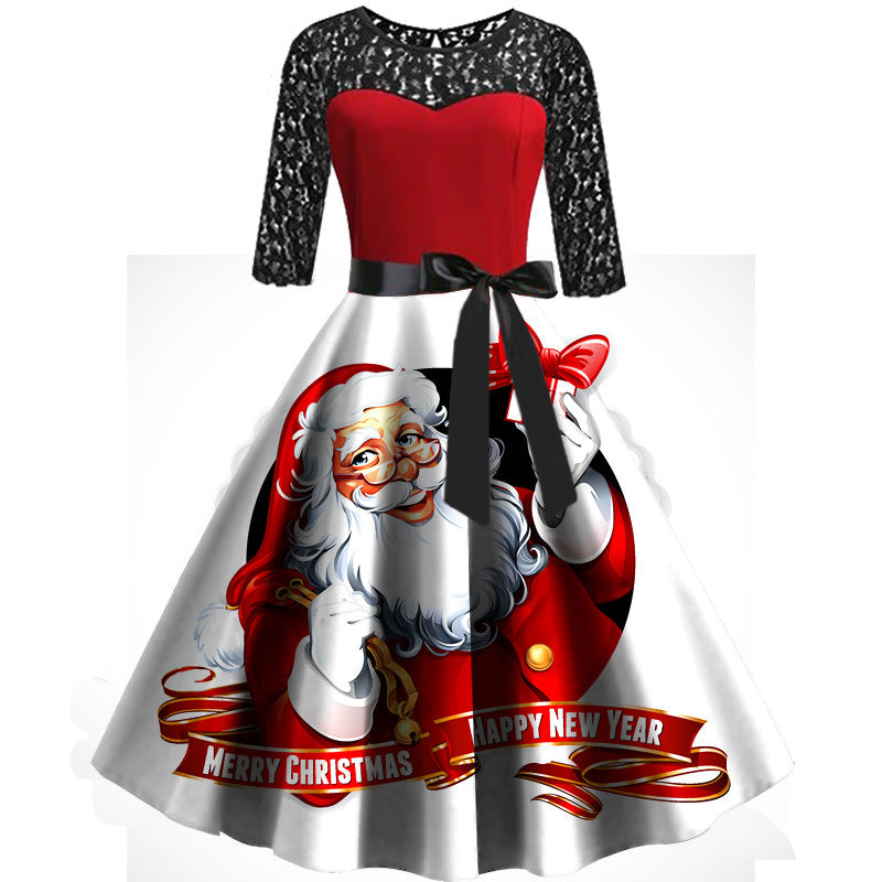Kerstjurk met zwarte kanten mouwen, rood lijfje en wijde rok met kerstmanprint - wit met grote kerstman