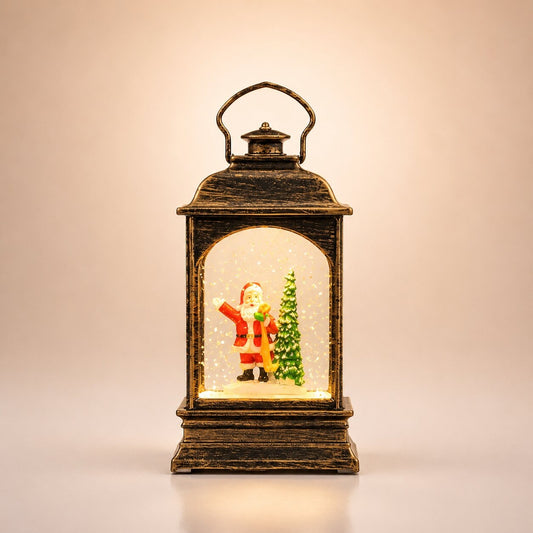 Verlichte kerstlantaarn met glitter en kerstman - bronzen lantaarn met hengsel