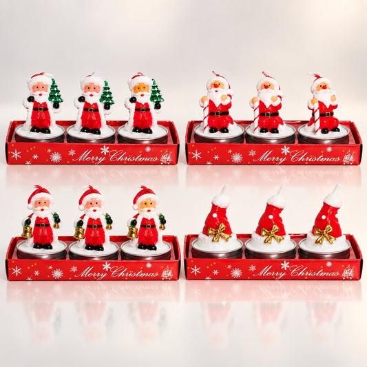 Drie kersttheelichtjes in kerstmanvorm in een rood doosje
