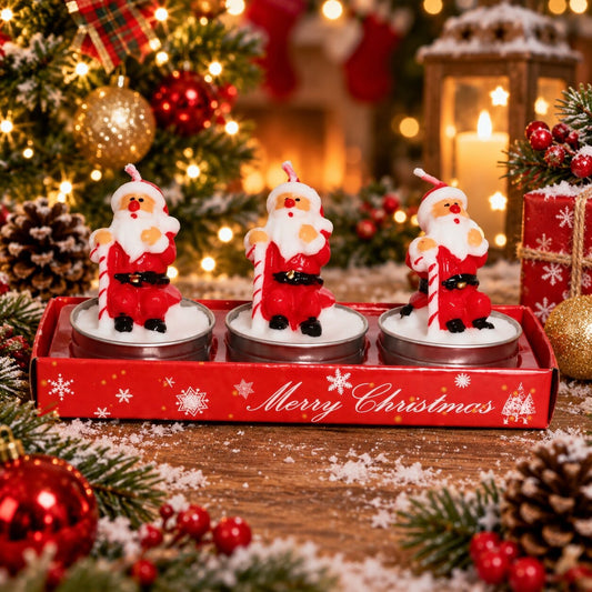 Drie kersttheelichtjes in kerstmanvorm in een rood doosje - beeld 2