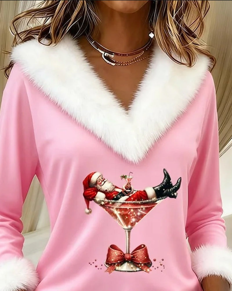 Kersttop voor dames met V-hals, pluizige witte kraag en kerstmanprint - roze