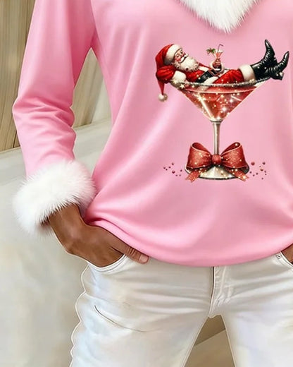 Kersttop voor dames met V-hals, pluizige witte kraag en kerstmanprint - roze