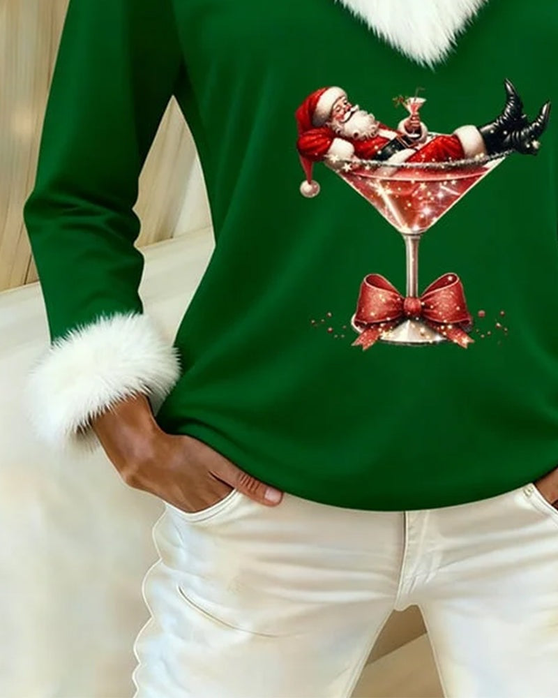 Kersttop voor dames met V-hals, pluizige witte kraag en kerstmanprint - groen