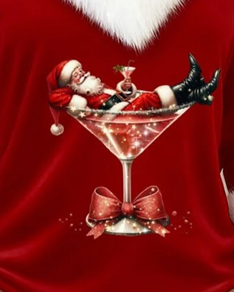 Kersttop voor dames met V-hals, pluizige witte kraag en kerstmanprint - rood