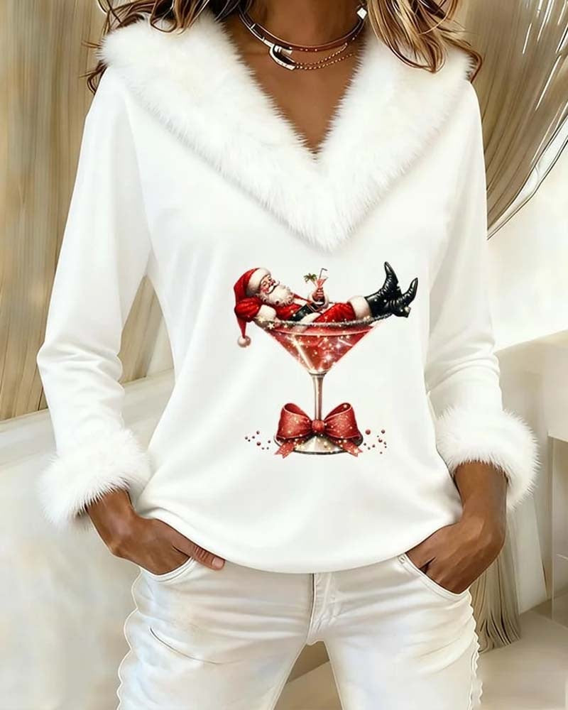 Kersttop voor dames met V-hals, pluizige witte kraag en kerstmanprint - wit
