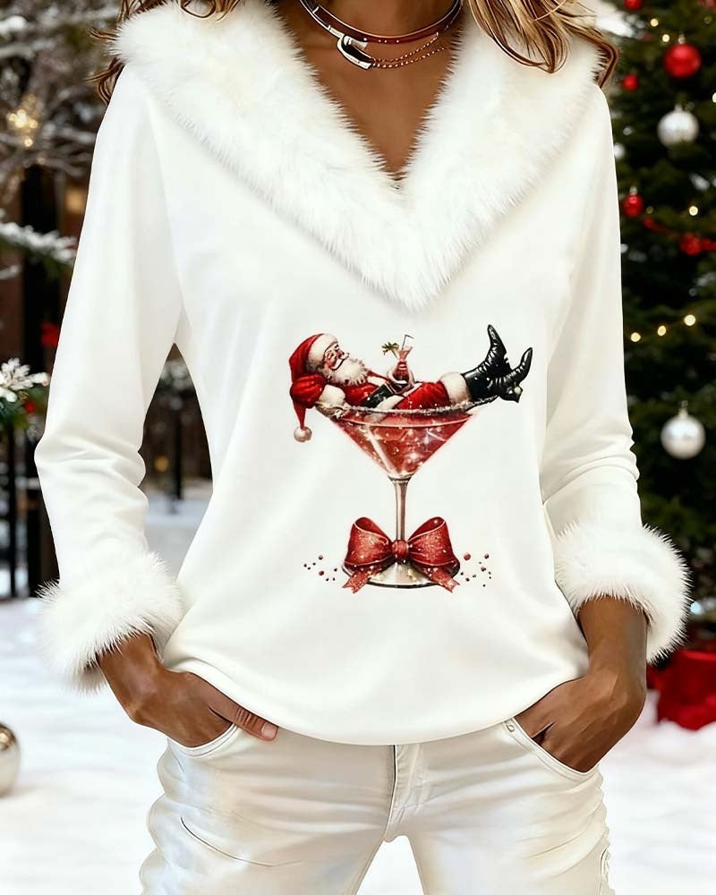 Kersttop voor dames met V-hals, pluizige witte kraag en kerstmanprint - wit