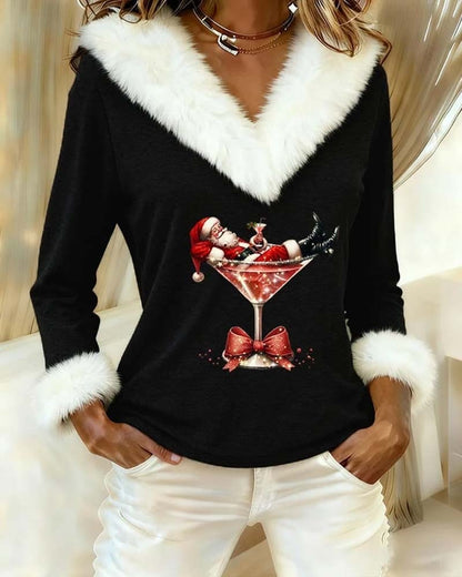 Kersttop voor dames met V-hals, pluizige witte kraag en kerstmanprint - zwart