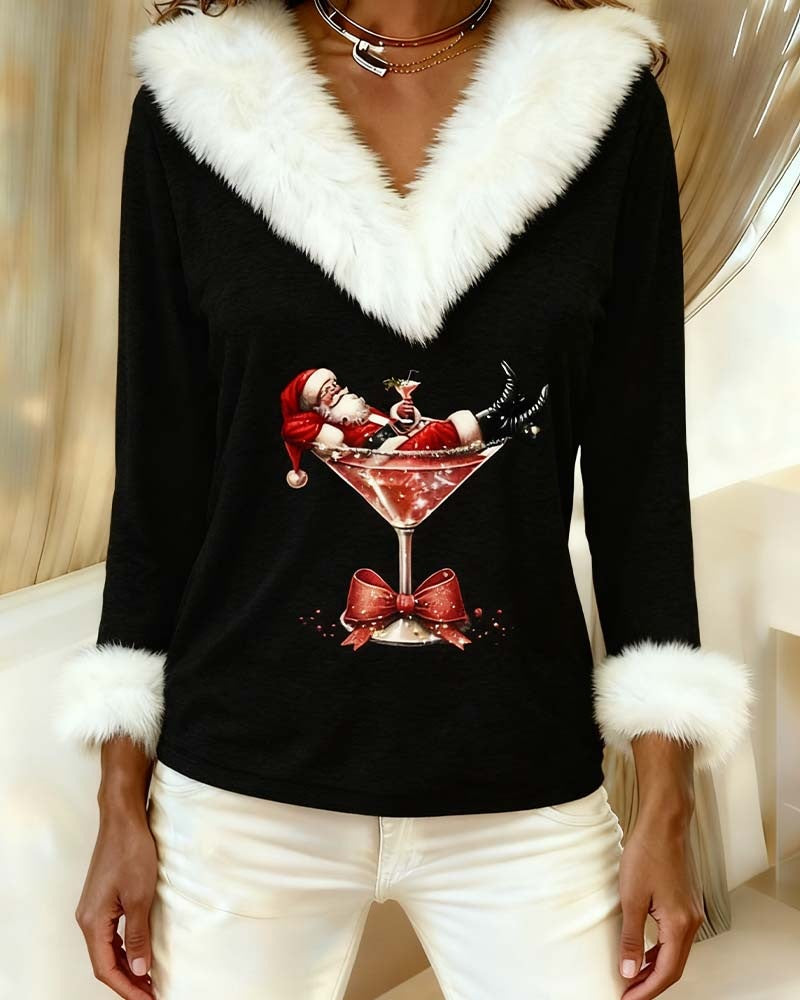 Kersttop voor dames met V-hals, pluizige witte kraag en kerstmanprint - zwart