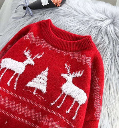 Oversized kersttrui voor dames met pluizige rendieren en een kerstboompje