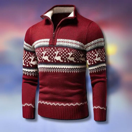 Gebreide kersttrui voor heren met rendiermotief en halve rits - rood