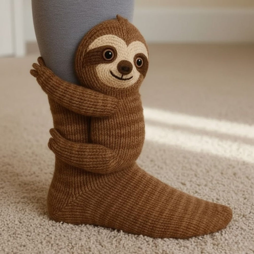 Kindersokken met een gebreid 3D-diertje dat zijn armpjes om het been slaat - luiaard