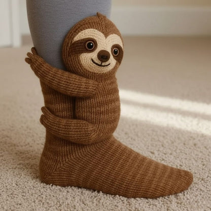 Kindersokken met een gebreid 3D-diertje dat zijn armpjes om het been slaat - luiaard