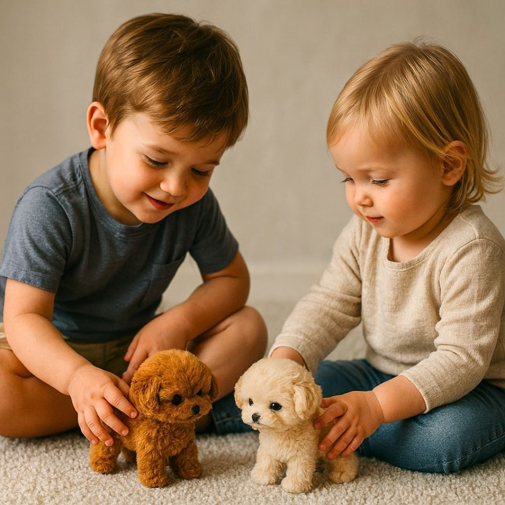 Pluche knuffelhond poedel met krullende vacht, zwarte oogjes en een opgekruld staartje