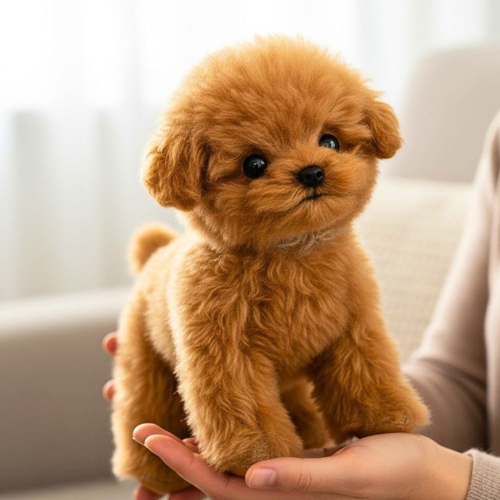 Pluche knuffelhond poedel met krullende vacht, zwarte oogjes en een opgekruld staartje