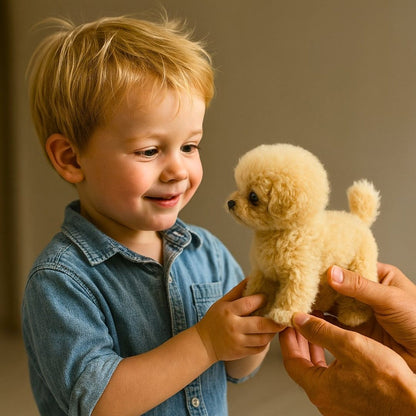 Pluche knuffelhond poedel met krullende vacht, zwarte oogjes en een opgekruld staartje