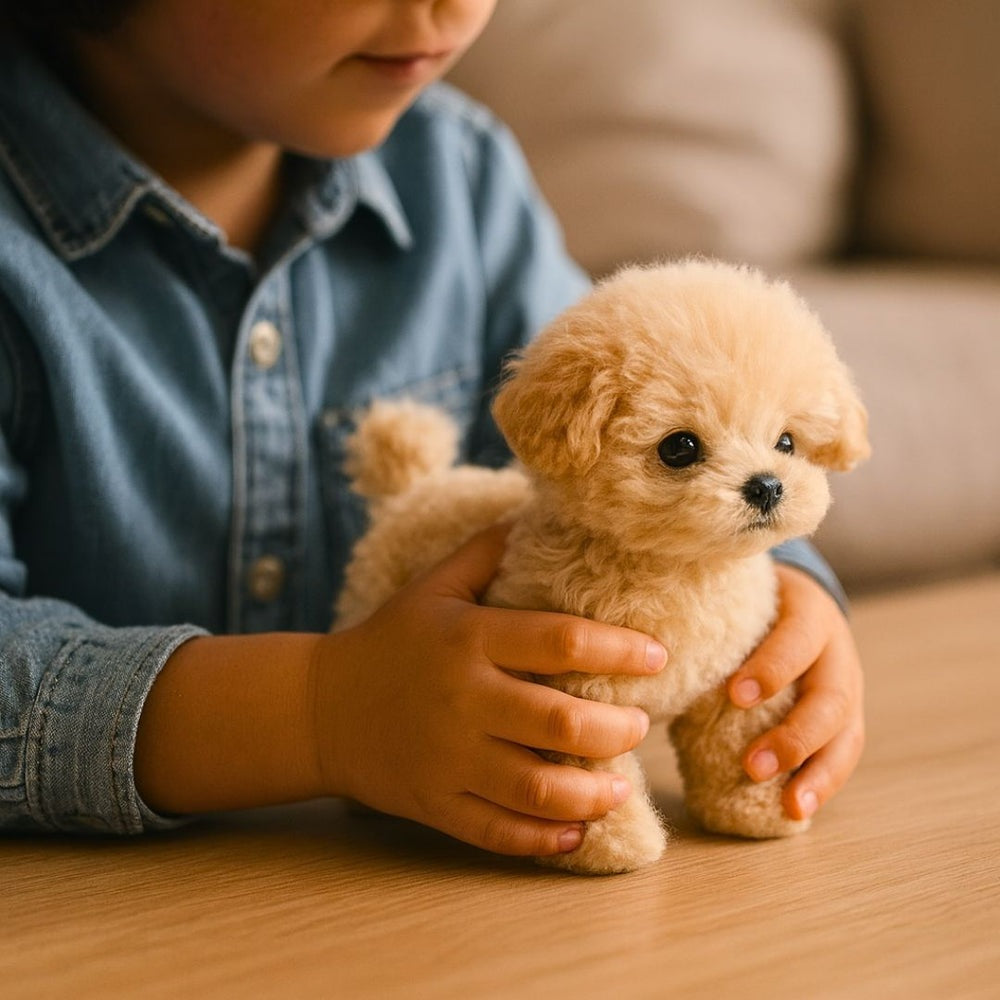 Pluche knuffelhond poedel met krullende vacht, zwarte oogjes en een opgekruld staartje