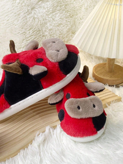 Koe pantoffels van pluche met hoorntjes, oren en snuit op de neus en vlekken op de zijkant - beeld 11