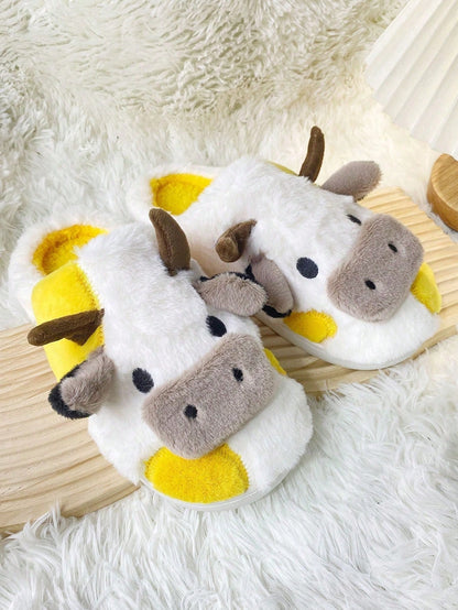 Koe pantoffels van pluche met hoorntjes, oren en snuit op de neus en vlekken op de zijkant - beeld 8