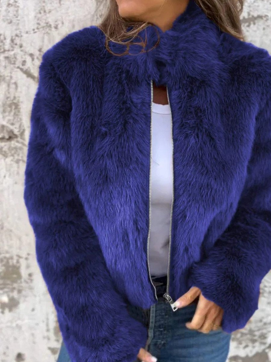 Kort damesjack van imitatiebont met opstaande kraag en goudkleurige rits - blauw