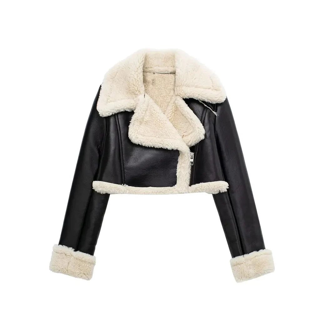Kort damesjack in leerlook met teddyrevers en schuine rits - zwart