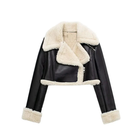 Kort damesjack in leerlook met teddyrevers en schuine rits - zwart