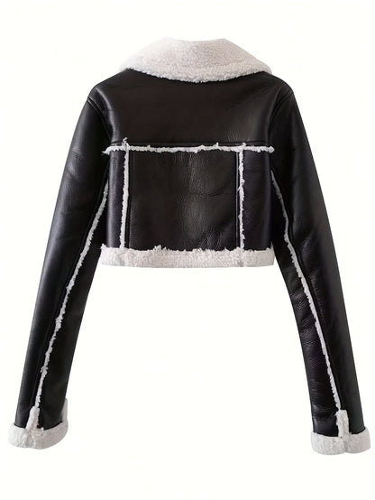 Kort damesjack in leerlook met teddyrevers en schuine rits