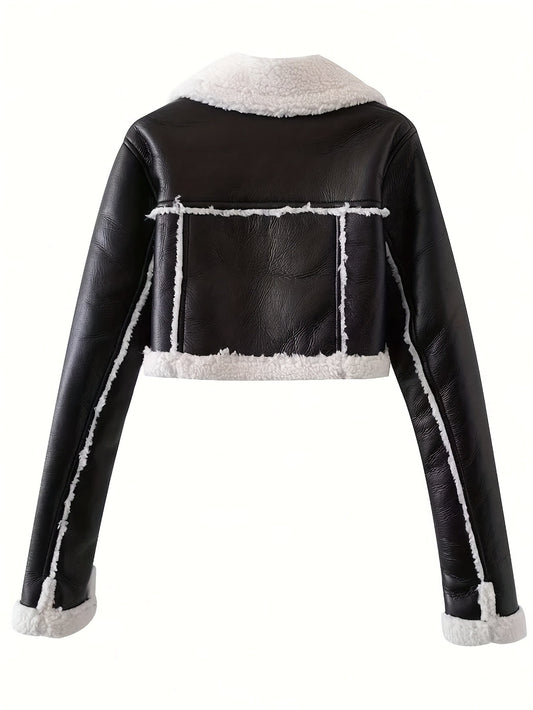 Kort damesjack in leerlook met teddyrevers en schuine rits