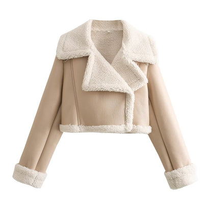 Kort damesjack in leerlook met teddyrevers en schuine rits - beige