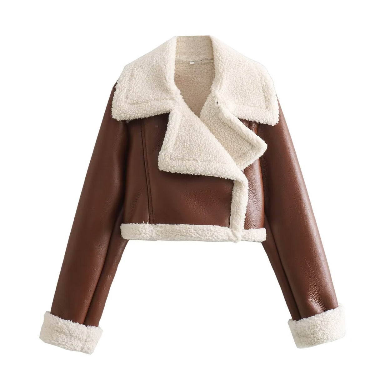 Kort damesjack in leerlook met teddyrevers en schuine rits - donkerbruin
