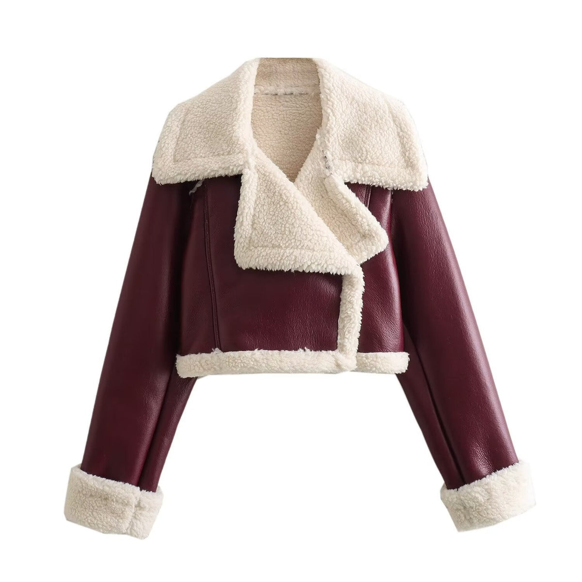 Kort damesjack in leerlook met teddyrevers en schuine rits - bordeaux
