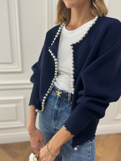 Kort damesvest met ronde hals, parelrand en ballonmouwen - marineblauw