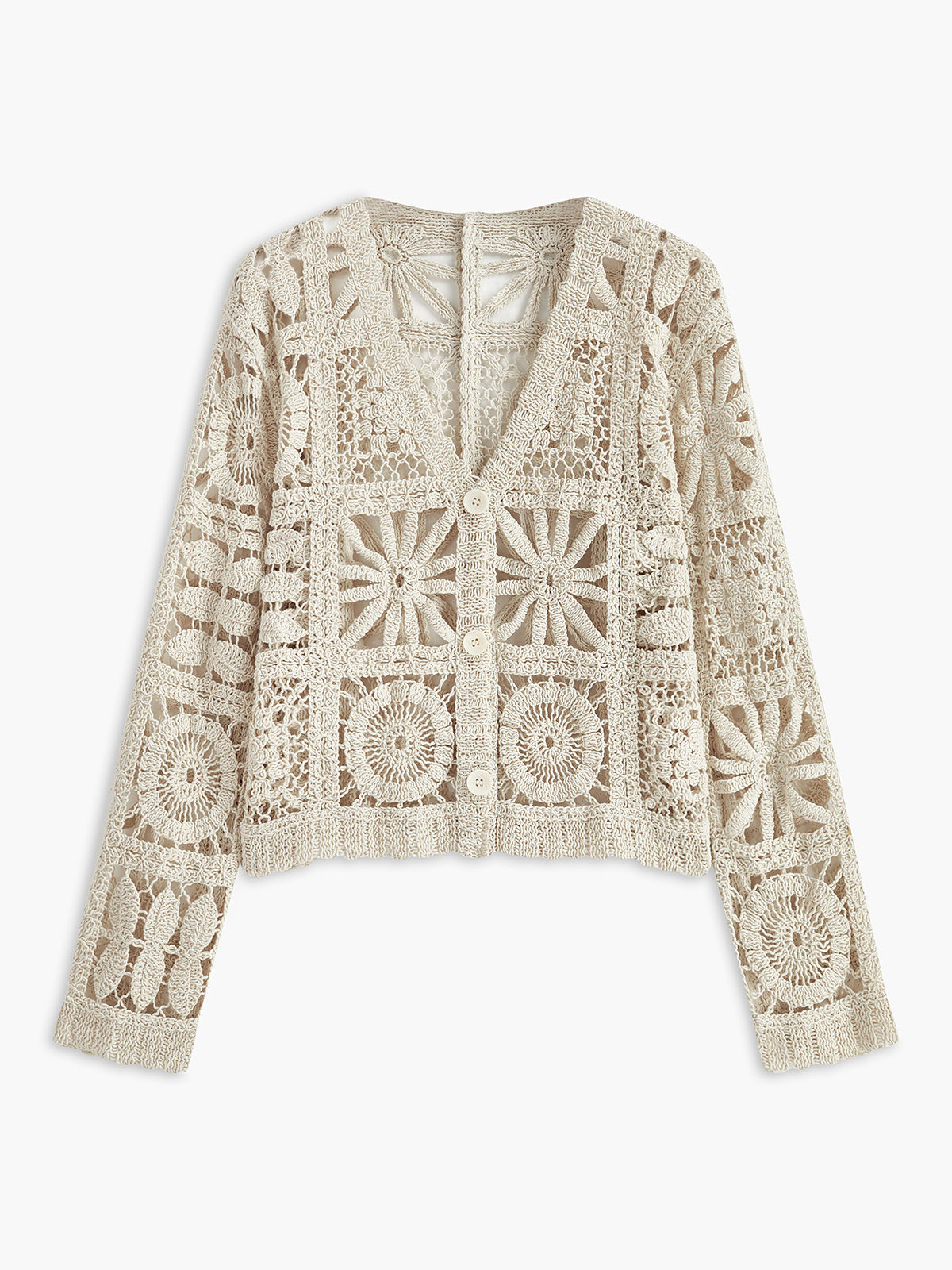 Kort gehaakt damesvest met opengewerkte vlakken, V-hals en knopen - ecru