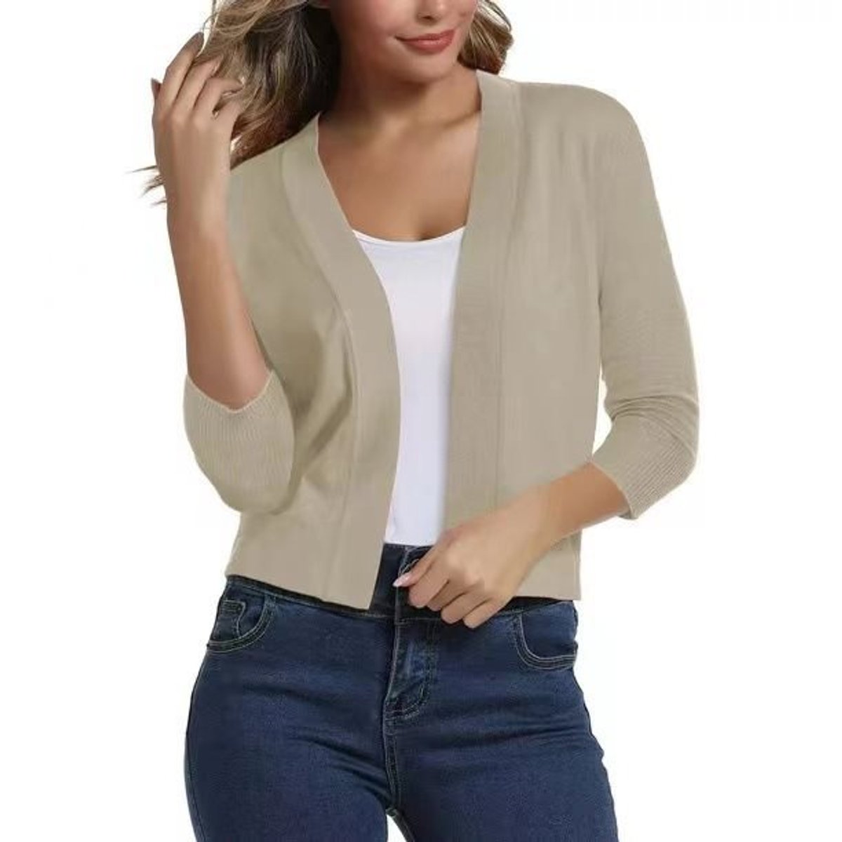 Kort open damesvest in fijn breisel met driekwart mouwen - beige