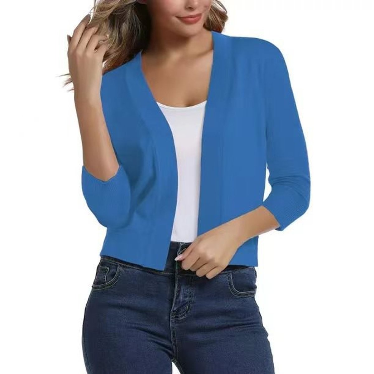 Kort open damesvest in fijn breisel met driekwart mouwen - blauw