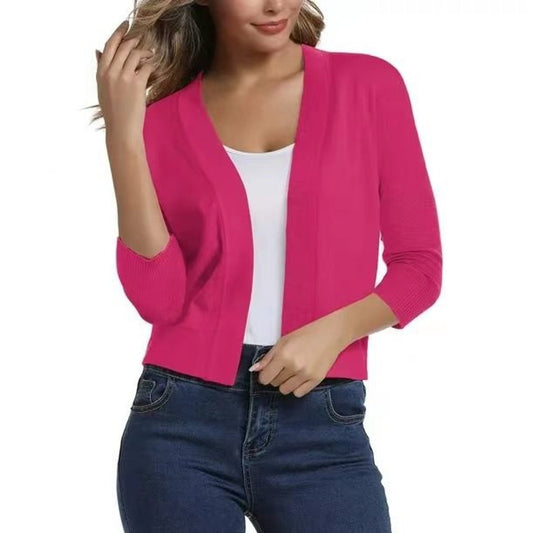 Kort open damesvest in fijn breisel met driekwart mouwen - fuchsia
