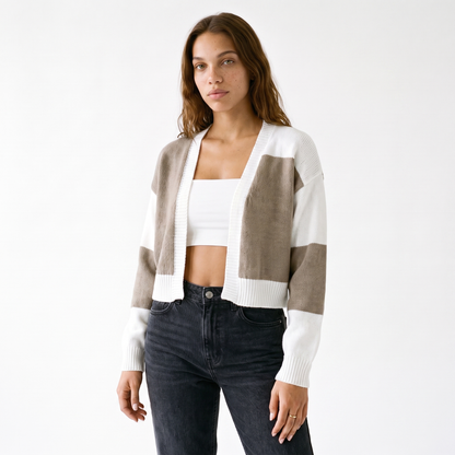 Kort open damesvest met kleurblokken en ballonmouwen - taupe