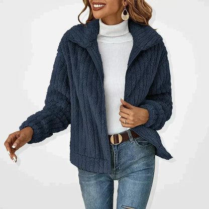 Kort teddy damesvest met rits, ribstructuur en brede kraag - marineblauw