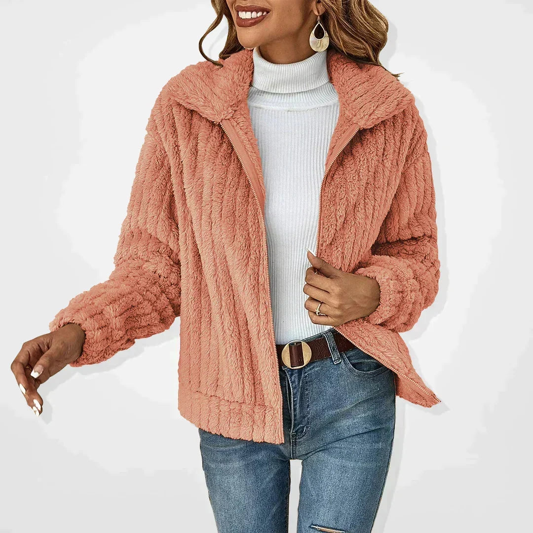 Kort teddy damesvest met rits, ribstructuur en brede kraag - koraalroze