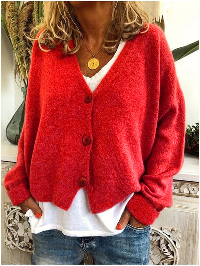Kort wijd damesvest met V-hals en drie grote knopen - rood