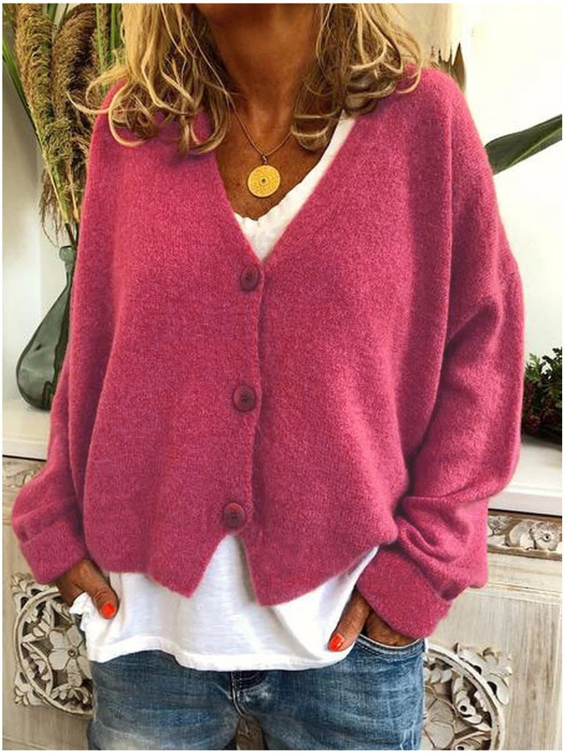 Kort wijd damesvest met V-hals en drie grote knopen - fuchsia