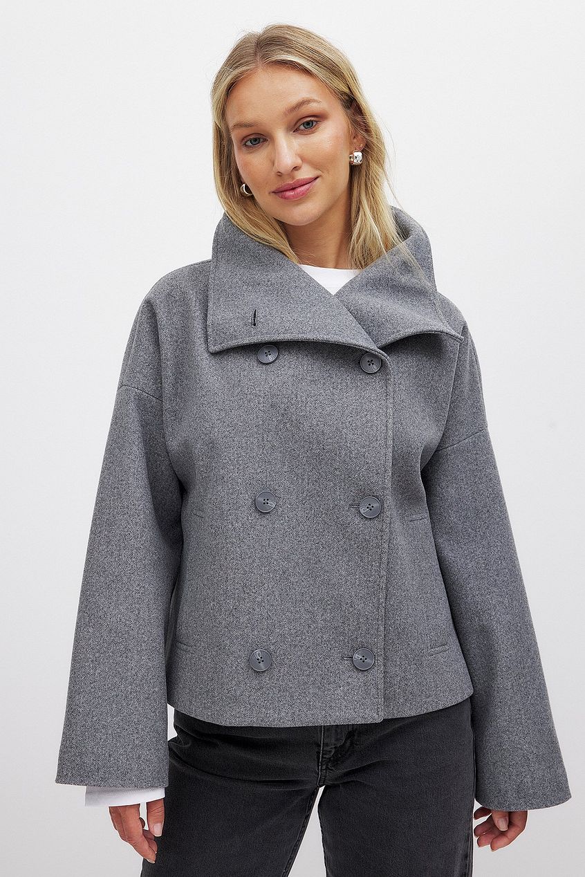 Korte oversized damesjas in wollook met grote kraag en dubbele knopenrij - grijs gemêleerd