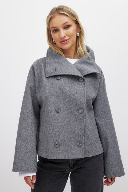 Korte oversized damesjas in wollook met grote kraag en dubbele knopenrij - grijs gemêleerd