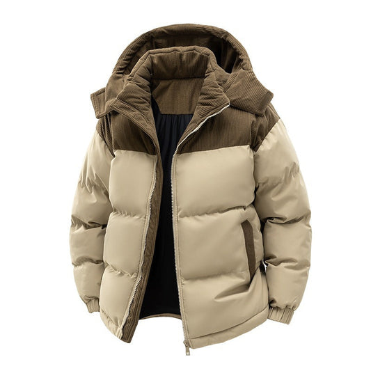 Korte pufferjas voor dames met capuchon en ribcordpanelen - beige