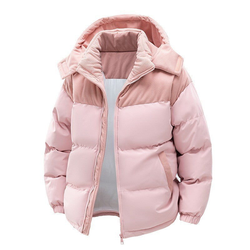 Korte pufferjas voor dames met capuchon en ribcordpanelen - roze