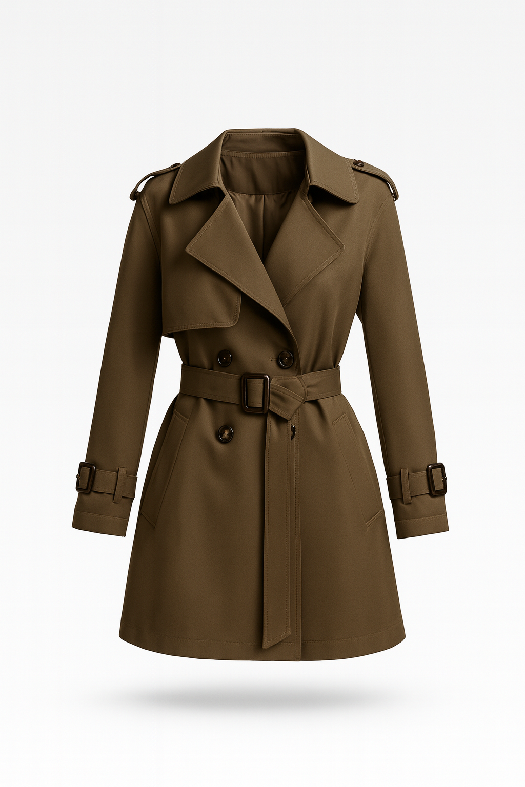 Korte trenchcoat voor dames met ceintuur en epauletten - olijfgroen
