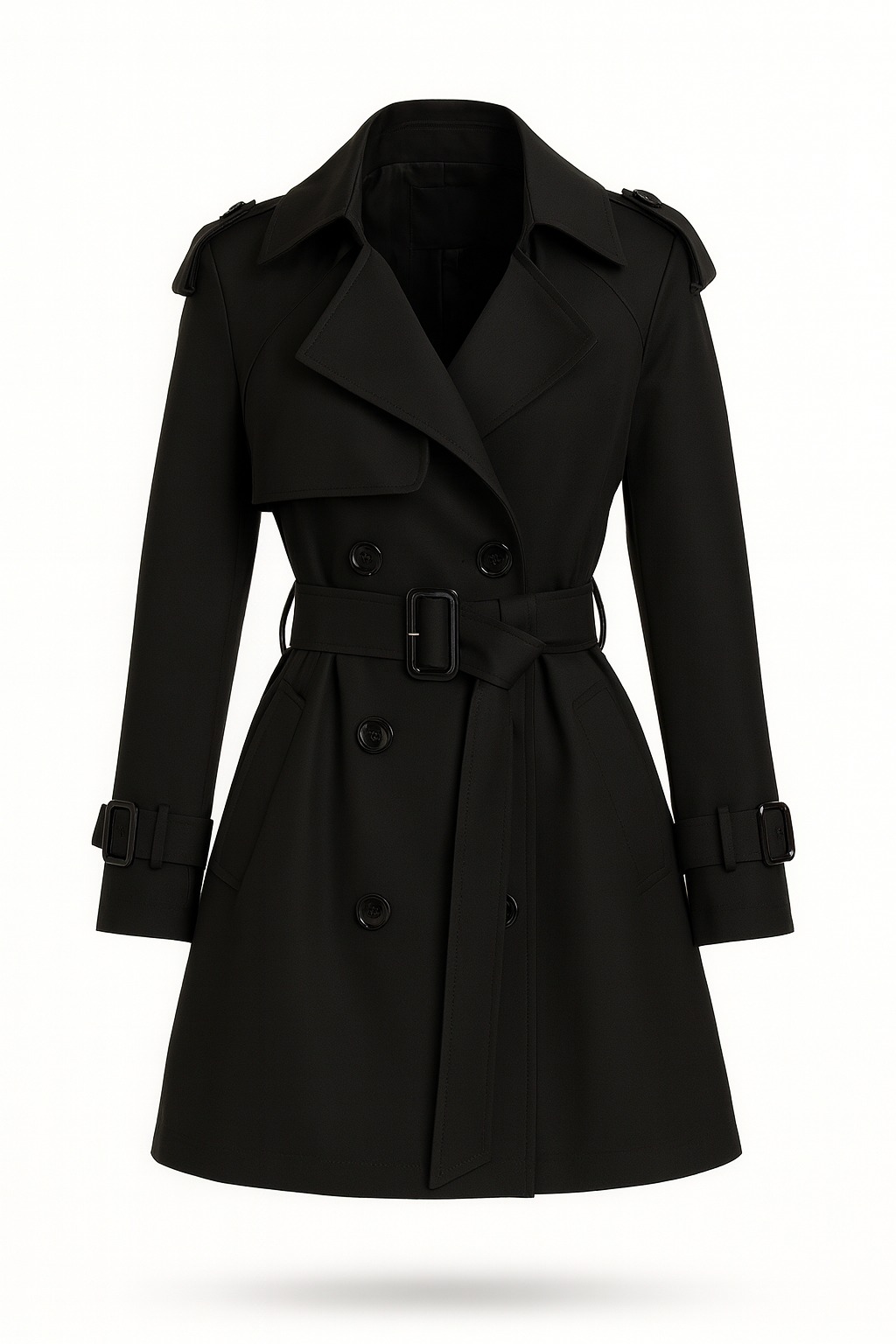 Korte trenchcoat voor dames met ceintuur en epauletten - zwart