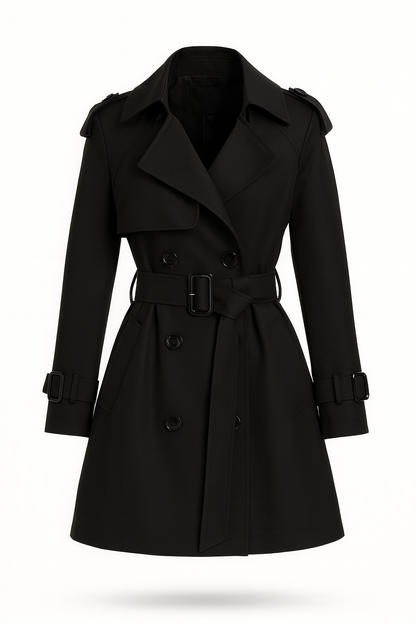 Korte trenchcoat voor dames met ceintuur en epauletten - zwart