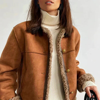 Kraagloos damesjack in suède look met teddyrand, cognac - cognac