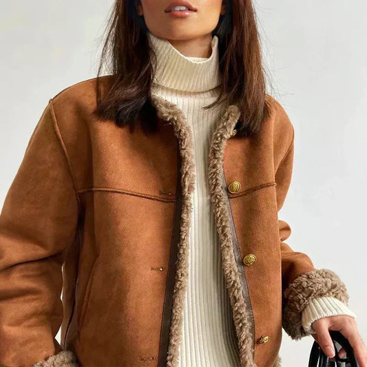 Kraagloos damesjack in suède look met teddyrand, cognac - cognac