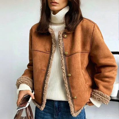 Kraagloos damesjack in suède look met teddyrand, cognac - cognac